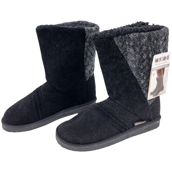 MUK LUKS Black Gray Sarina Knit Water Resistant Winter Boots Women's size 10 - Picture 1 of 8